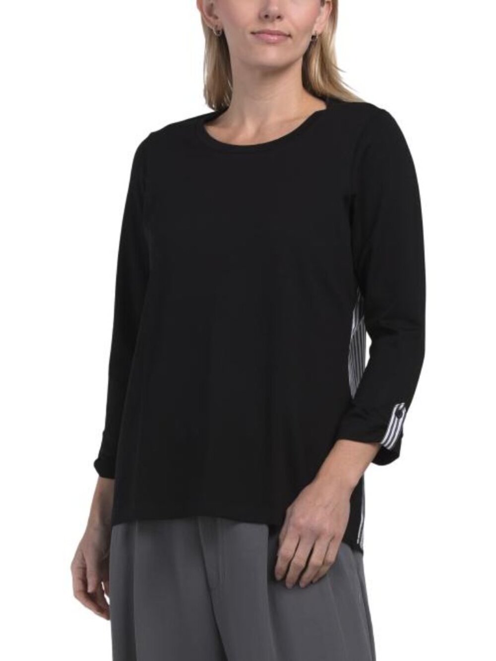J'ENVIE Pima Cotton Blend Long Sleeve Mixed Media Top